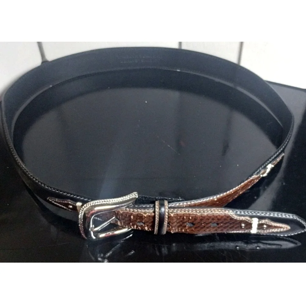 Western Tooled Leather Belt Black Brown Basket Weave Silver Buckle 40 2361P